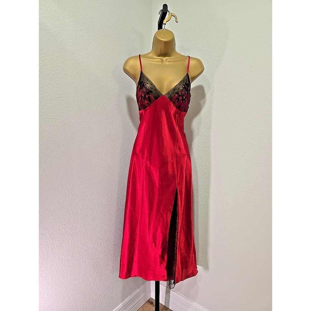 Slip Dress Medium Y2K Red Satin Black Lace Beaded Midi Vampy Babydoll Fairy Goth